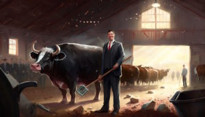 Politician in a barn, holding a shovel, standing next to a bull, smiling.